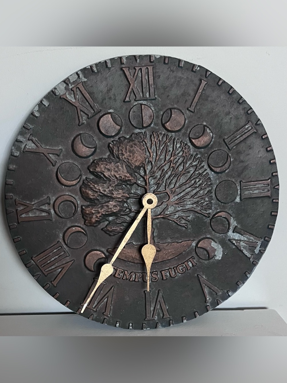 Temps Fugit Tree of Life Vintage Style Brown Metal Wall Clock Roman numbers